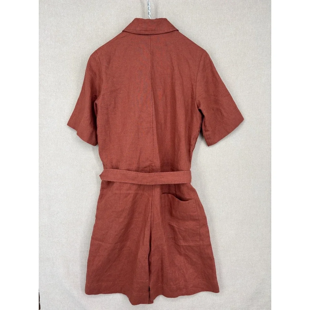 COS Jumpsuit Womens 32 Orange Linen Short Button Up Romper Tie Waist